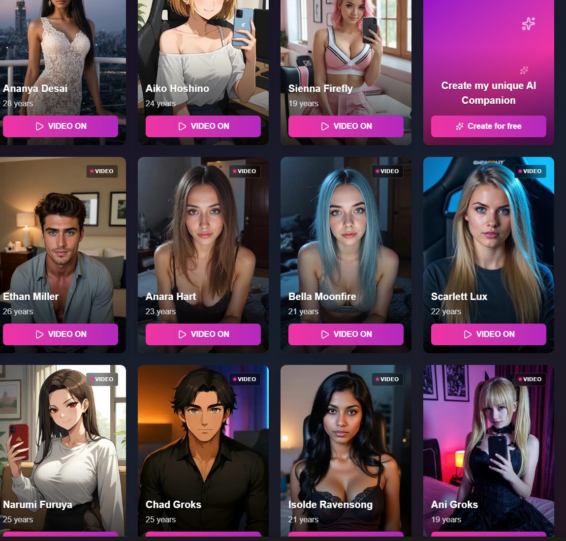 Character and content showcase on FLIRTcam.AI (public landing)