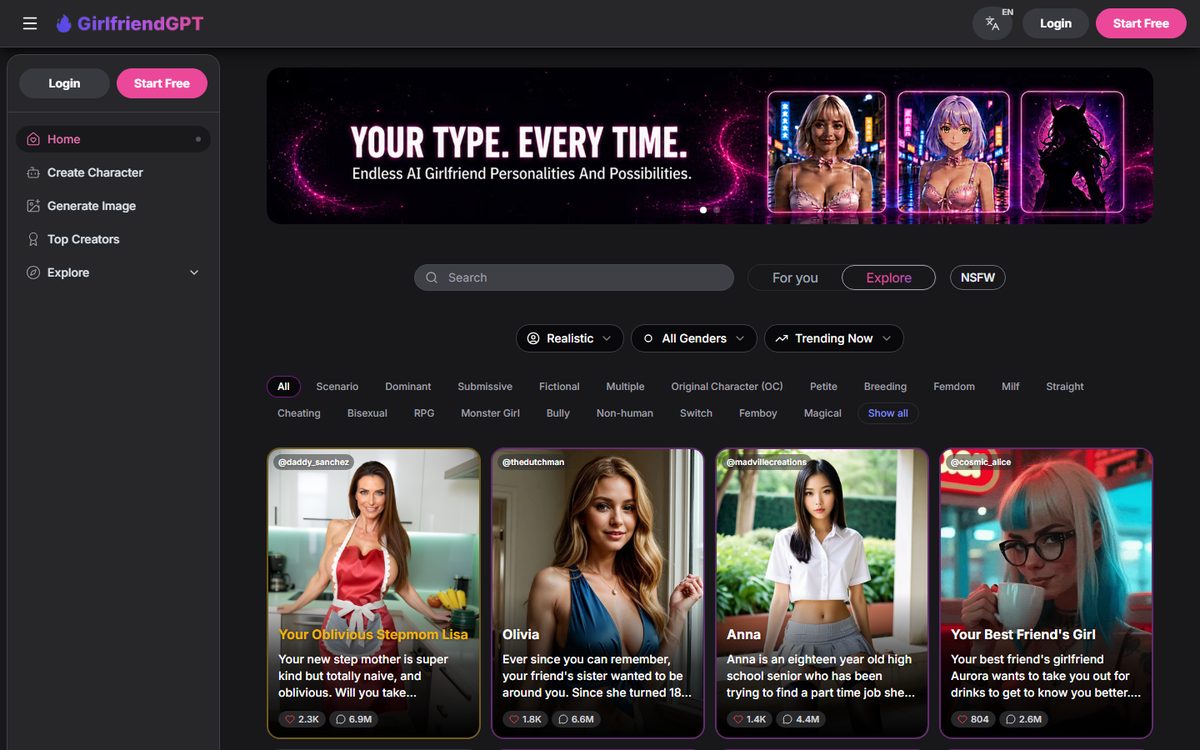 GirlfriendGPT landing page — August 2026