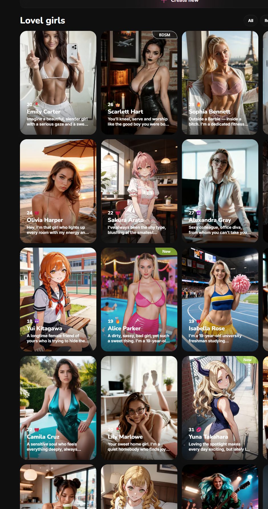 Character and content showcase on Lovel.ai (public landing)